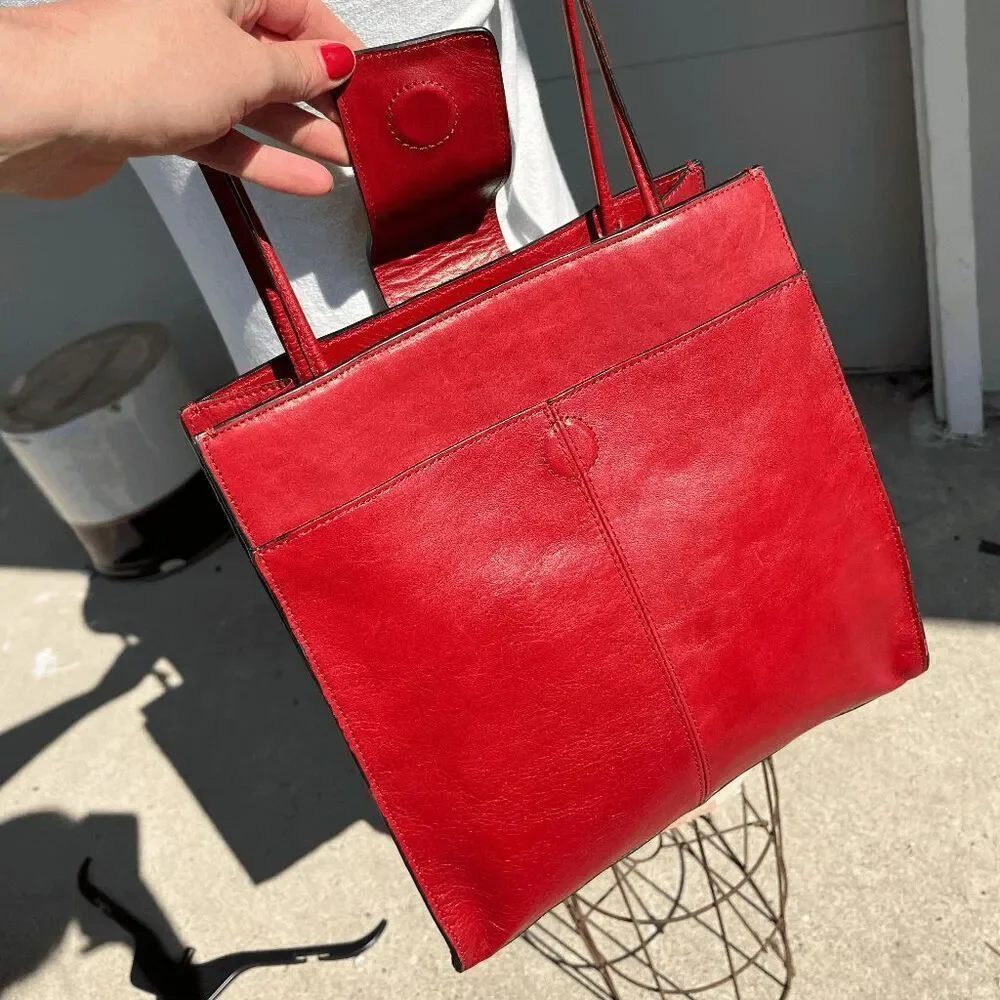 VTG Red Leather Tote Bag Structured Shoulder Purse Minimalist Office Chic